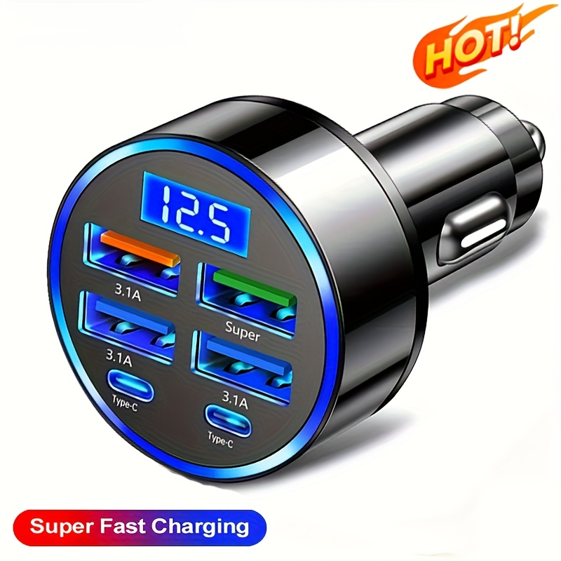6-In-1 Car Charger with Quick Charging USB-C | Dual PD+QC3.0, 4 USB Ports with Display, Matte Finish, Portable, Durable Construction, Universal Fit, Aluminum Alloy And ABS Material, Battery Not Included