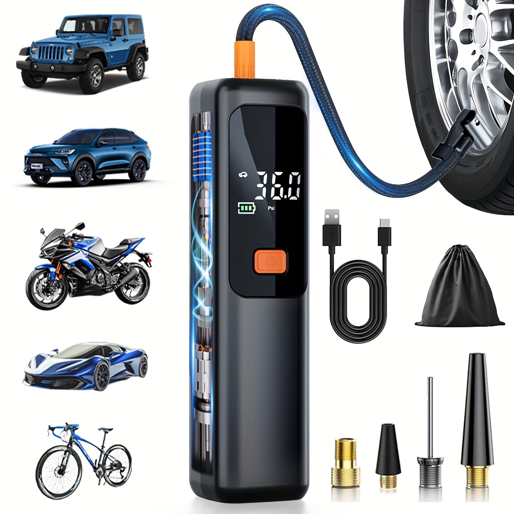 Portable Inflatable Pump, Air Compressor, 150 PSI Tire Inflator, Featuring a Digital LCD Display, USB Fast Charging, Automatic Shut-Off Safety Protection, And LED Light, Suitable for Cars, Bicycles, Motorcycles, Basketballs
