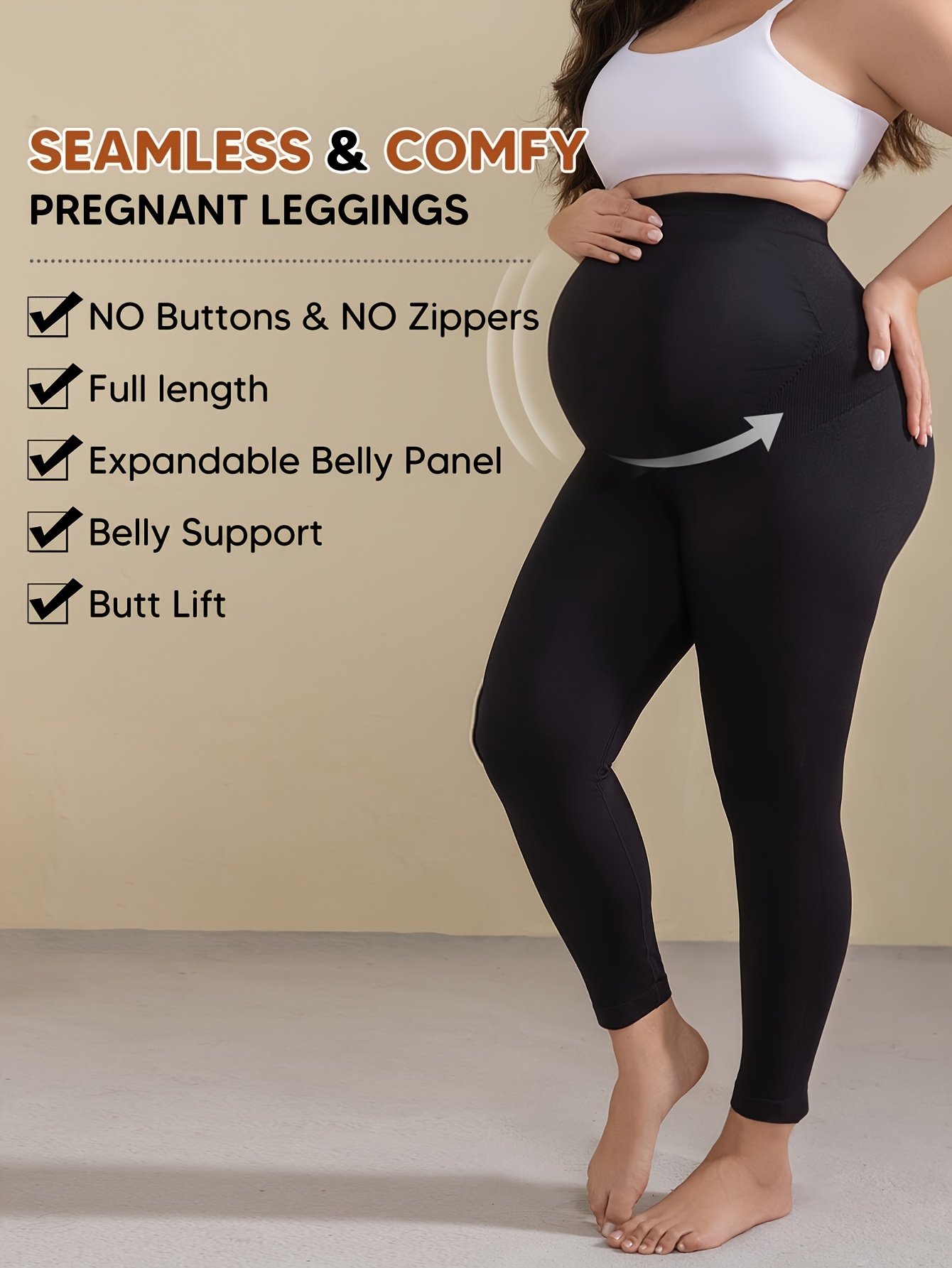 A Single Piece of High-Waisted Plus-Size Leggings for Pregnant Women, Featuring Soft Elastic Material for Tummy Support, Nine-Point Length, Machine Washable, And Fleece-Lined, Suitable for Autumn And Winter Layering.