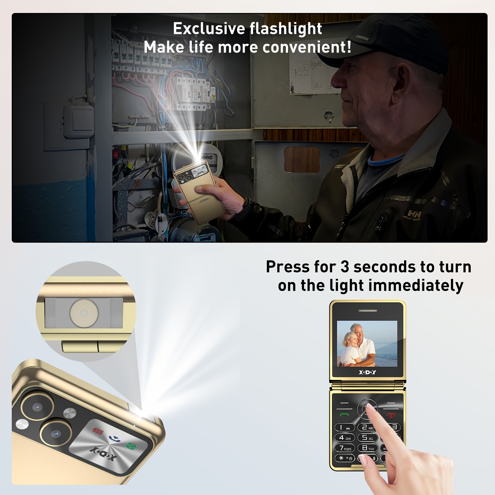 XGODY S200 Senior Mobile Phone Simple For Elderly, Basic Cell Phone With Large Buttons, Flip Phone, Unlocked Senior Mobile Phone With 2.4" Color Display | SOS Button | FM Radio |MicroSD Up To 128 GB Fat32 Torch |1300mAh Battery (Golden) With Case+Strap - Image 8