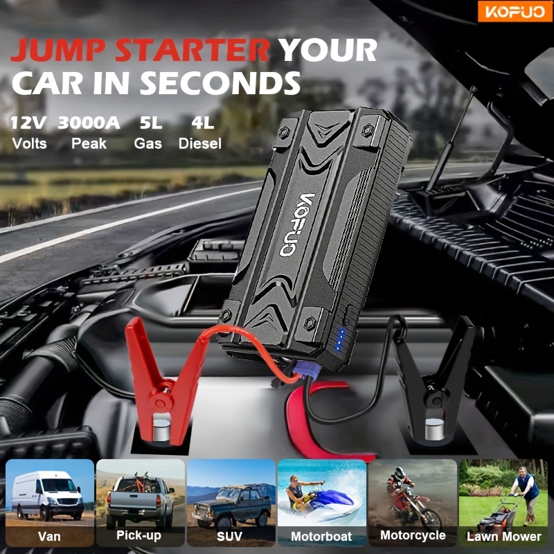KOPUO 5000A Car Jump Starter (9.0L Gas/8.0L Diesel) Portable Device for Starting Vehicles, 12V Battery Booster with Safety Cables, Quick Charging Capabilities, Lights, Compact Design, Essential for Camping.