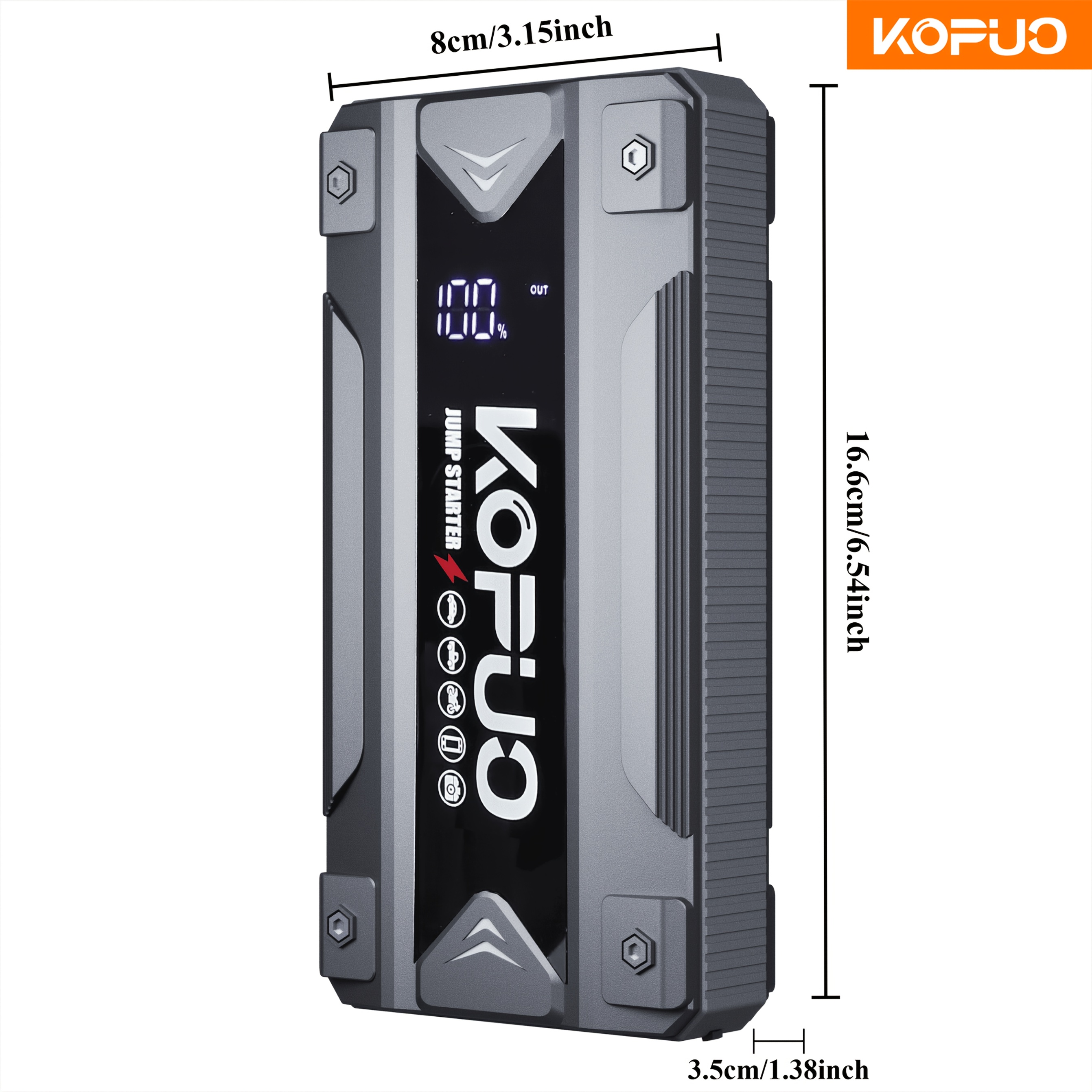 KOPUO 5000A Car Jump Starter (9.0L Gas/8.0L Diesel) Portable Device for Starting Vehicles, 12V Battery Booster with Safety Cables, Quick Charging Capabilities, Lights, Compact Design, Essential for Camping.