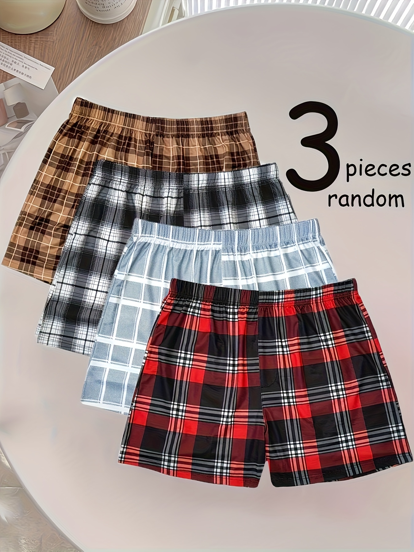 3pcs Men's Boxer Briefs - Loose Fit Stretchy Underwear Shorts, Multi-Color Plaid patterns (Brown/Black/Red, Blue/, Machine Washable Casual Everyday & Formal Pants Alternatives, Boxer Shorts, Comfortable Clothing, Classic Boxers Design, Highquality