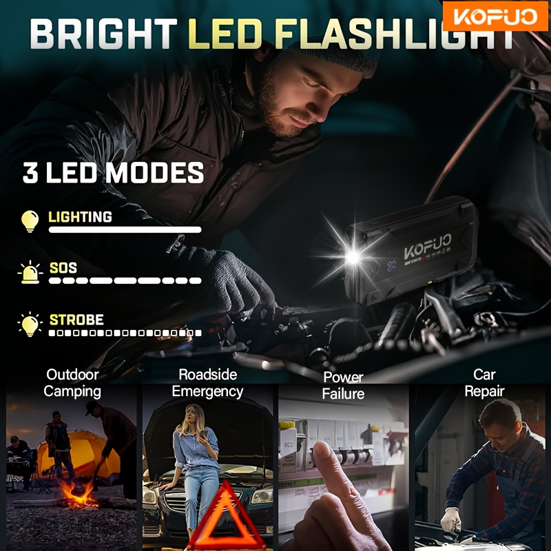 KOPUO 5000A Car Jump Starter (9.0L Gas/8.0L Diesel) Portable Device for Starting Vehicles, 12V Battery Booster with Safety Cables, Quick Charging Capabilities, Lights, Compact Design, Essential for Camping. - Image 6