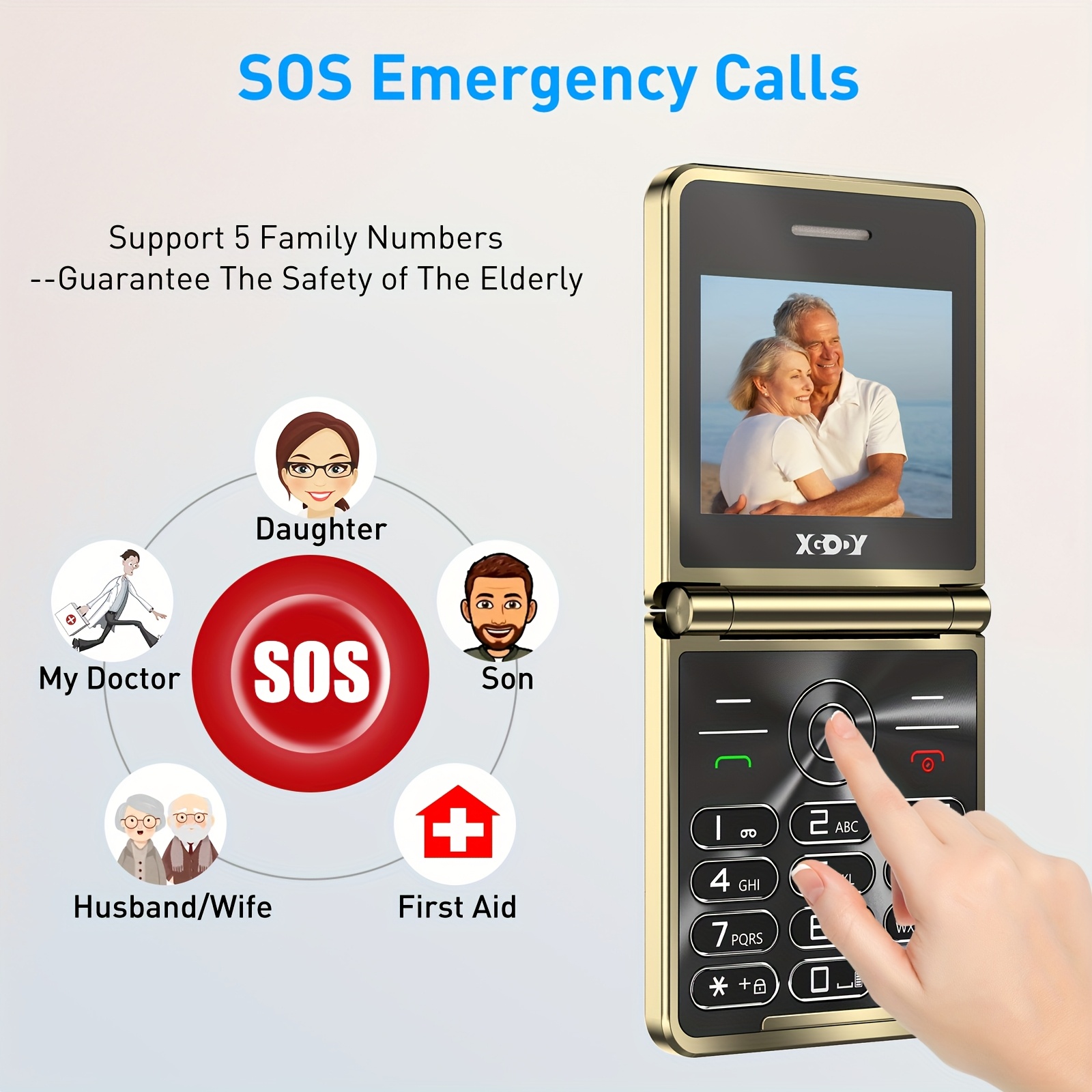 XGODY S200 Senior Mobile Phone Simple For Elderly, Basic Cell Phone With Large Buttons, Flip Phone, Unlocked Senior Mobile Phone With 2.4" Color Display | SOS Button | FM Radio |MicroSD Up To 128 GB Fat32 Torch |1300mAh Battery (Golden) With Case+Strap - Image 3