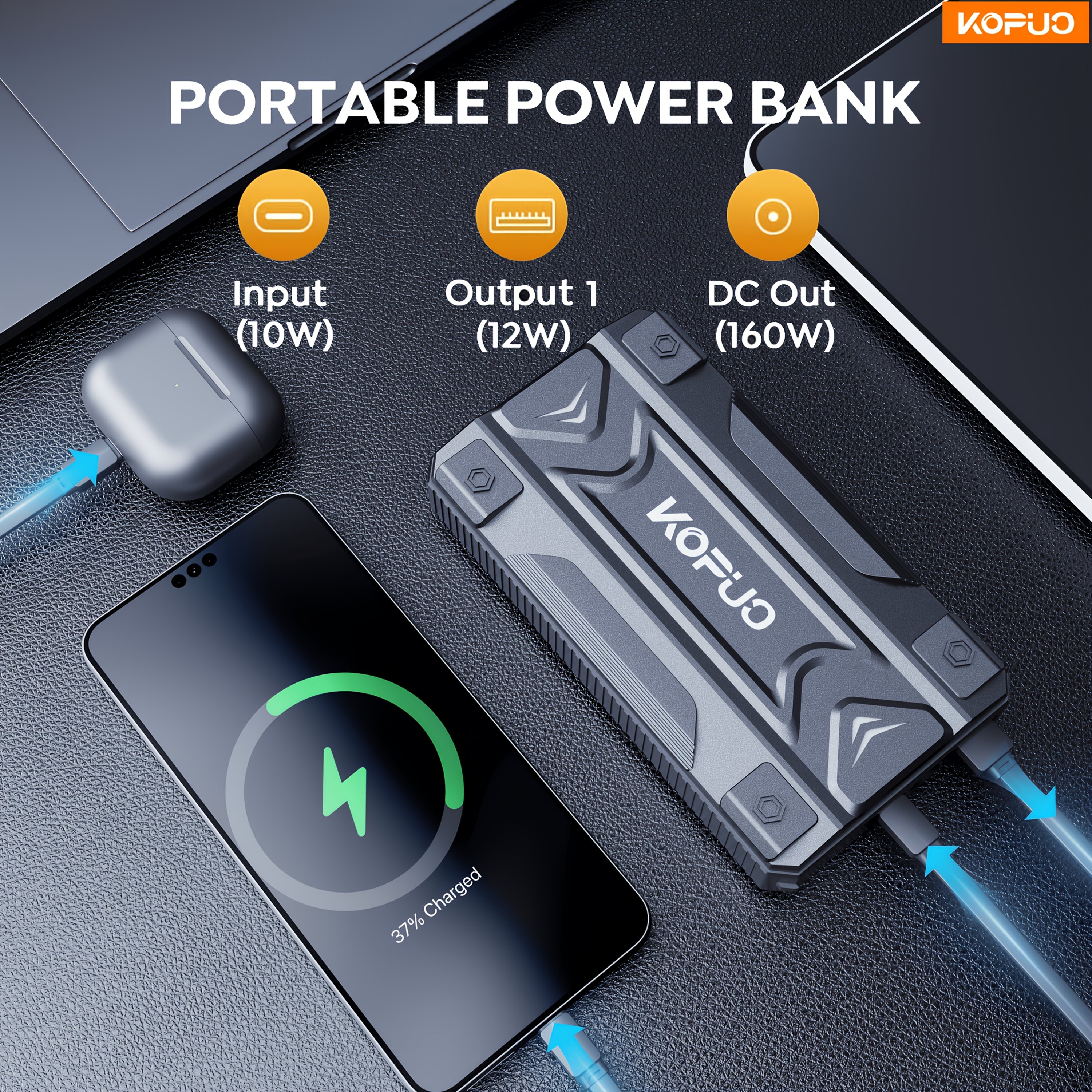 KOPUO 5000A Car Jump Starter (9.0L Gas/8.0L Diesel) Portable Device for Starting Vehicles, 12V Battery Booster with Safety Cables, Quick Charging Capabilities, Lights, Compact Design, Essential for Camping.