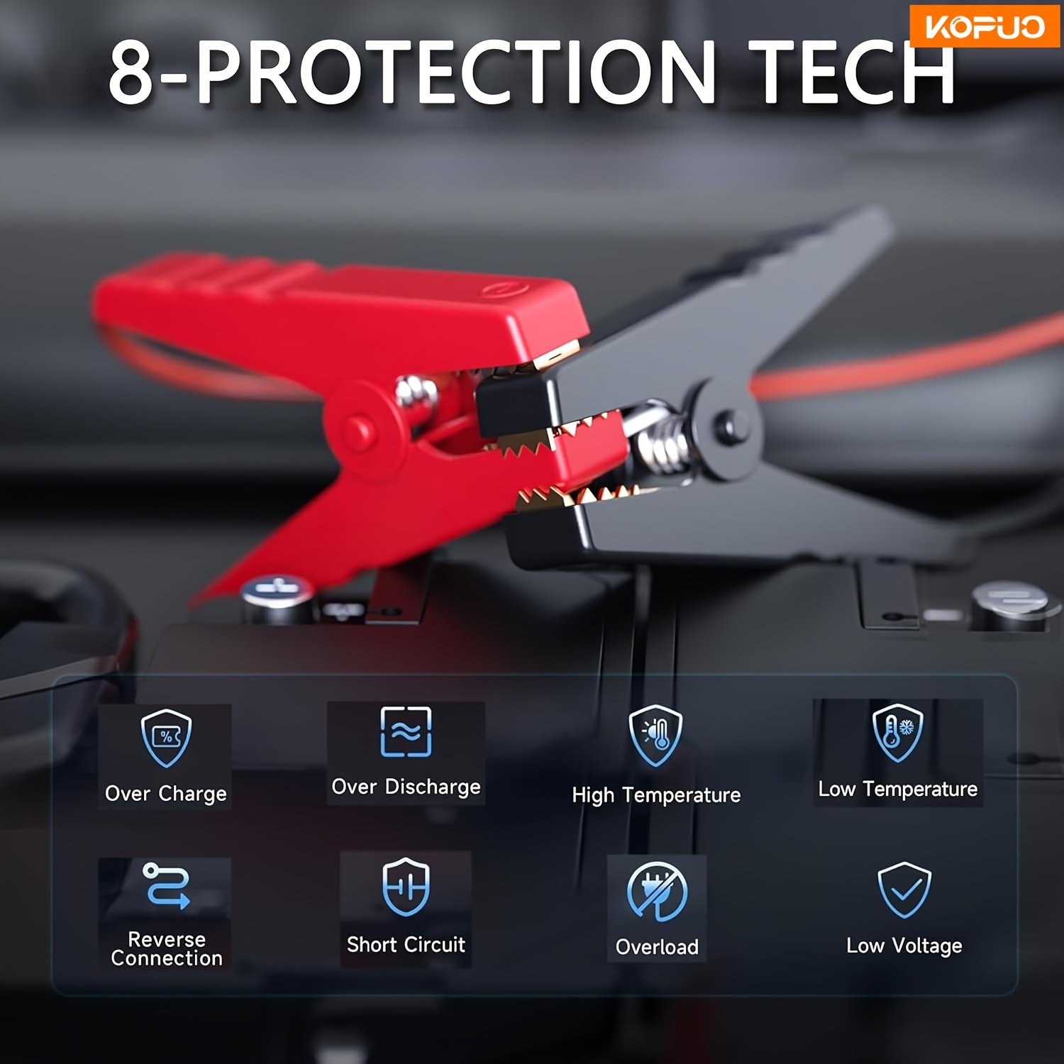 KOPUO 5000A Car Jump Starter (9.0L Gas/8.0L Diesel) Portable Device for Starting Vehicles, 12V Battery Booster with Safety Cables, Quick Charging Capabilities, Lights, Compact Design, Essential for Camping.