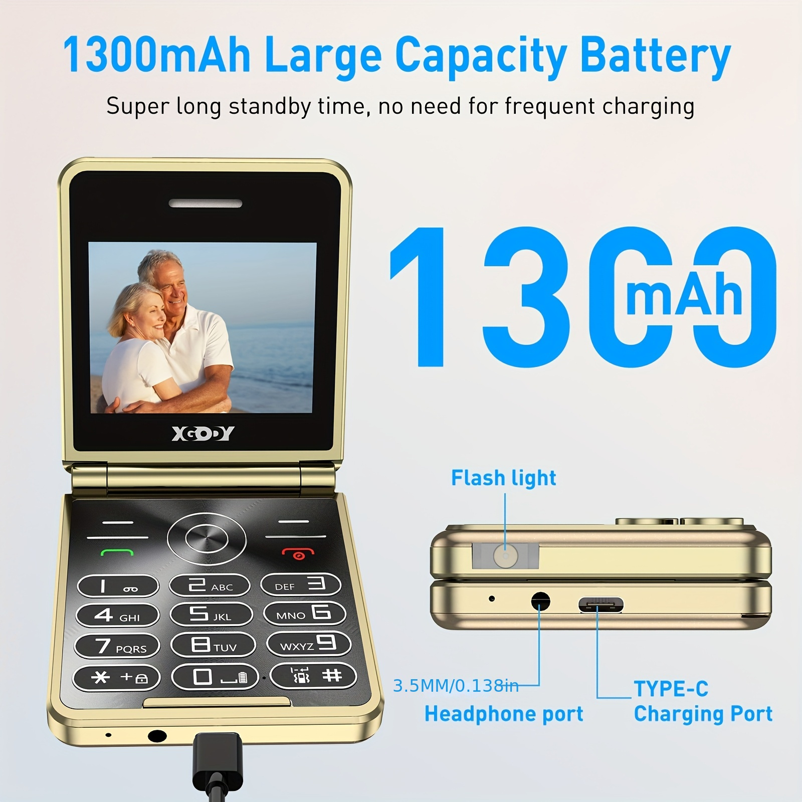 XGODY S200 Senior Mobile Phone Simple For Elderly, Basic Cell Phone With Large Buttons, Flip Phone, Unlocked Senior Mobile Phone With 2.4" Color Display | SOS Button | FM Radio |MicroSD Up To 128 GB Fat32 Torch |1300mAh Battery (Golden) With Case+Strap - Image 7