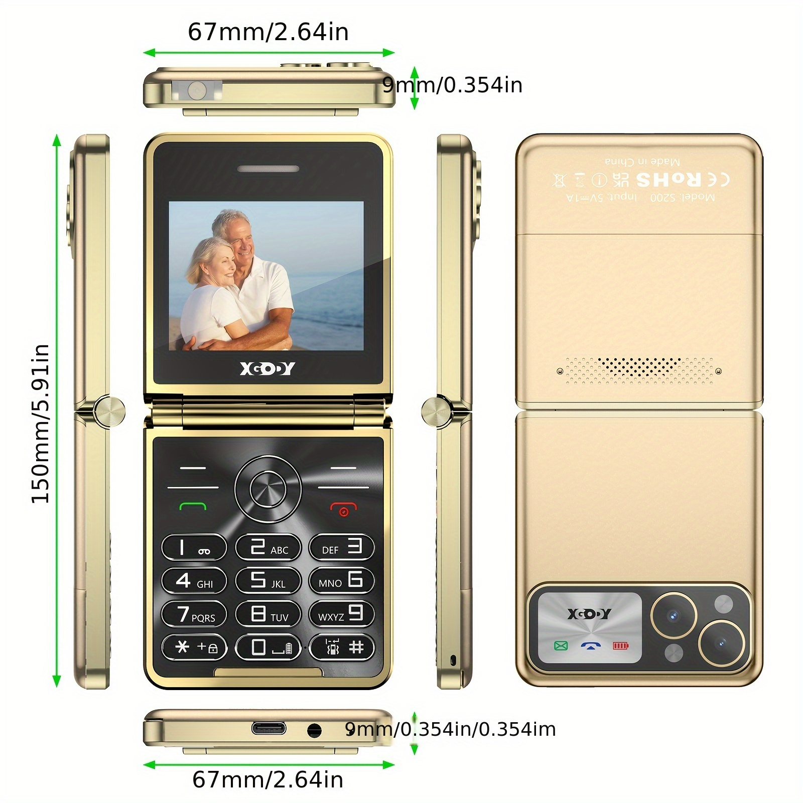 XGODY S200 Senior Mobile Phone Simple For Elderly, Basic Cell Phone With Large Buttons, Flip Phone, Unlocked Senior Mobile Phone With 2.4" Color Display | SOS Button | FM Radio |MicroSD Up To 128 GB Fat32 Torch |1300mAh Battery (Golden) With Case+Strap